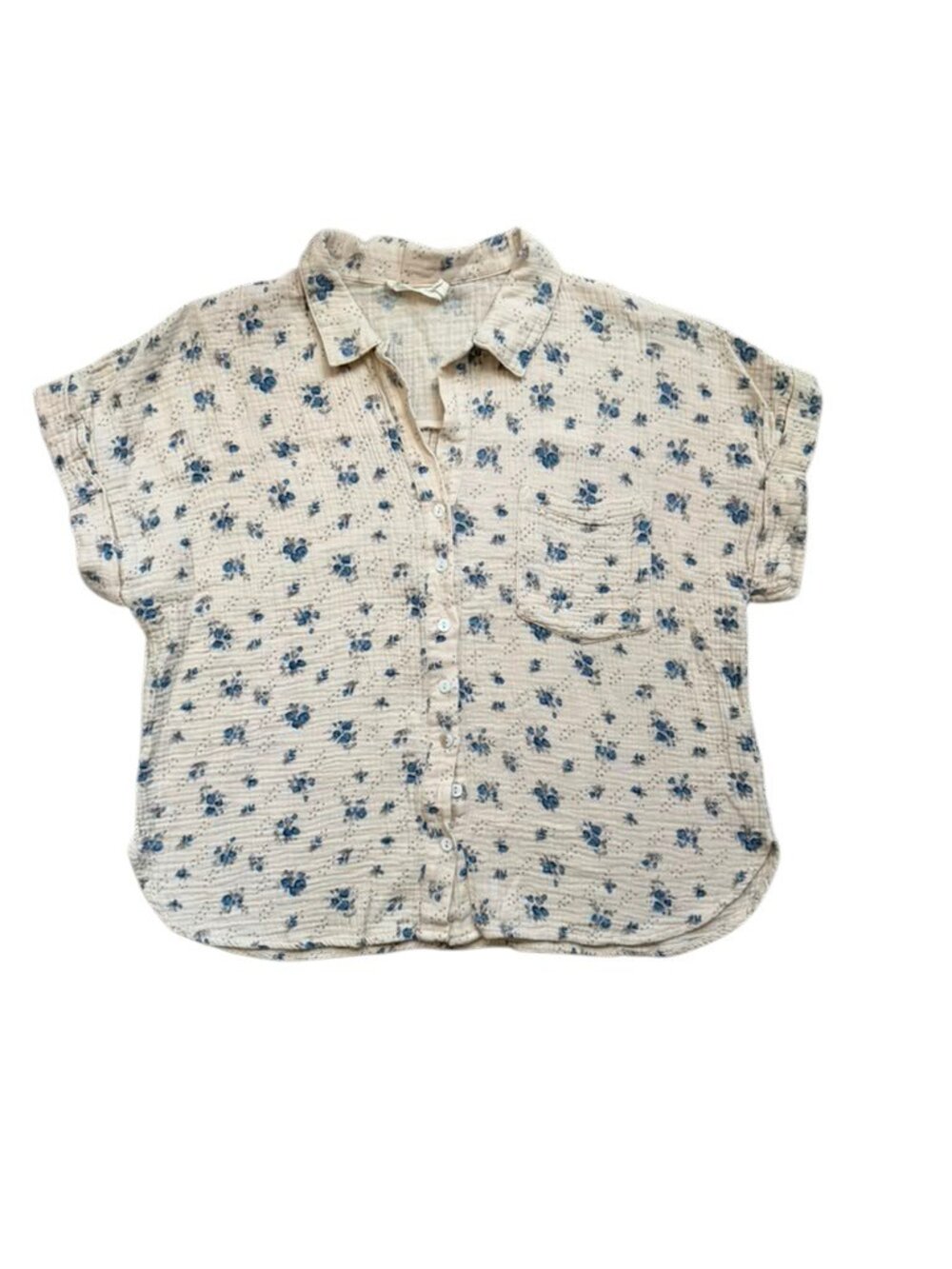 Millibon Women Small Floral Button Down Shirt 100% Cotton Blue Cottagecore.